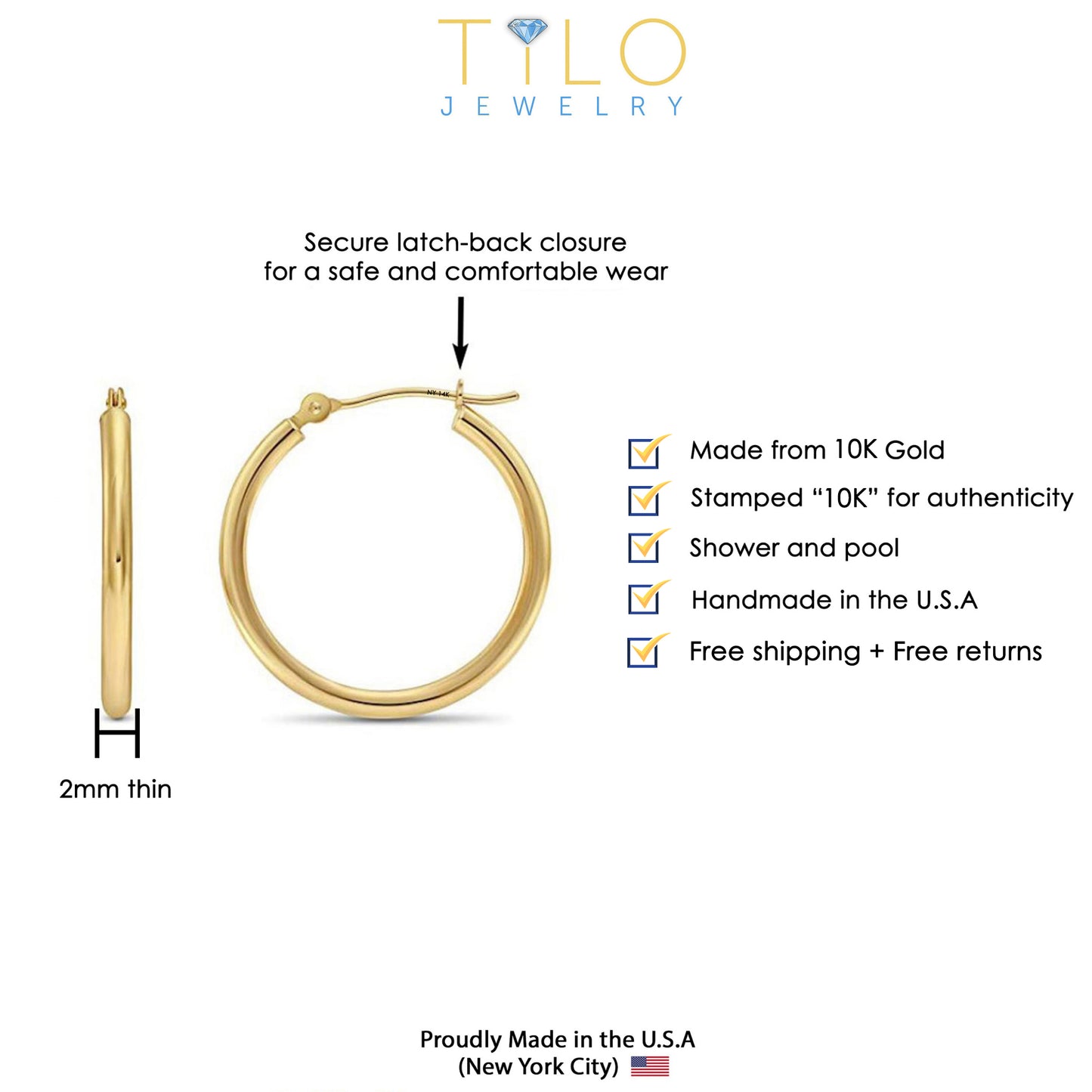 10K Yellow Gold Classic Round Hoop Earrings, All Sizes Available