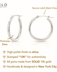 10K White Gold Classic Round Hoop Earrings, 2mm