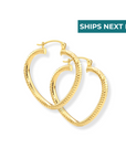 14k Yellow Gold Heart Hoop Earrings, Medium Hoops With Engravings, Diamond-Cut Design