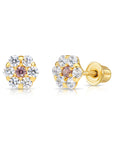 14k Yellow Gold Birthstone Flower Cluster Stud Earrings, Screw Back