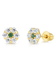14k Yellow Gold Birthstone Flower Cluster Stud Earrings, Screw Back