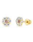 14k Yellow Gold Birthstone Flower Cluster Stud Earrings, Screw Back