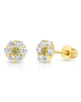 14k Yellow Gold Birthstone Flower Cluster Stud Earrings, Screw Back