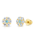 14k Yellow Gold Birthstone Flower Cluster Stud Earrings, Screw Back