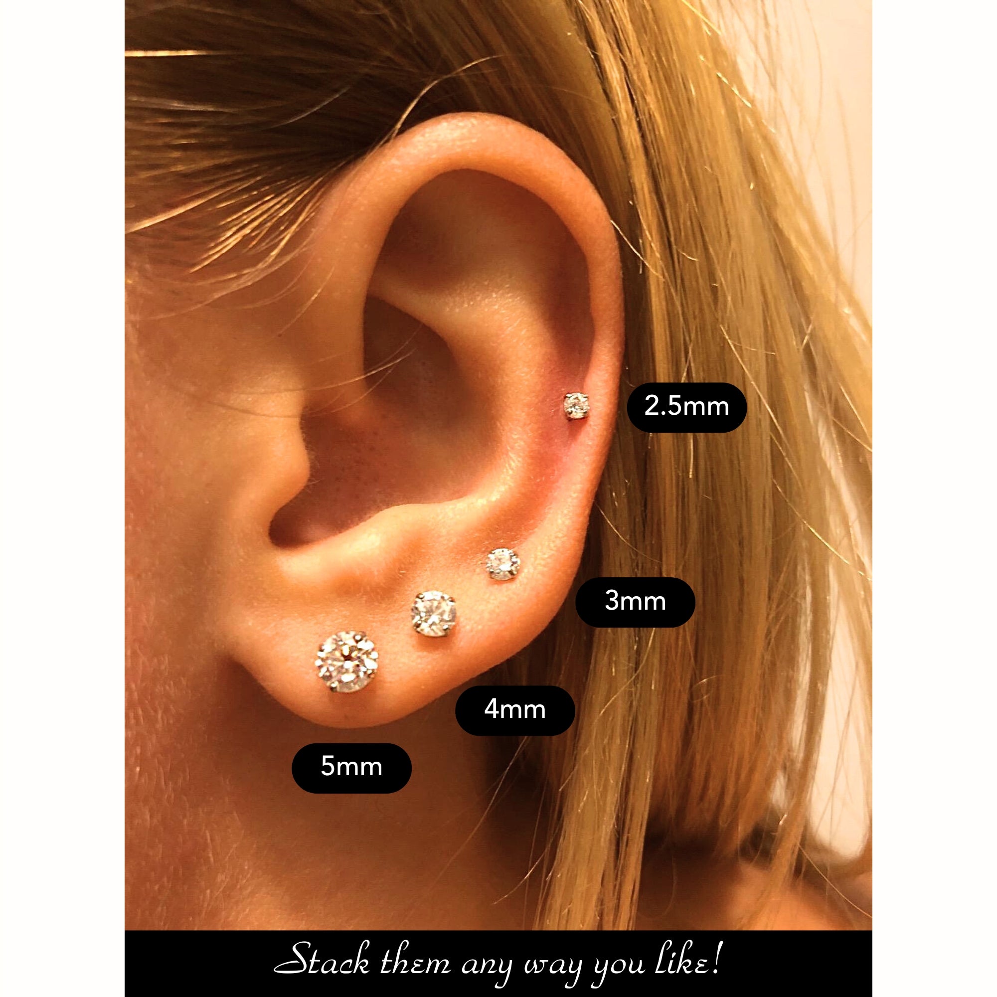 14k White Gold Classic Solitaire Stud Earrings, Screwback