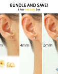Bundle Set of 3! 14k Yellow Gold Solitaire Stud Earrings, Pushback Sleeper Studs, Unisex