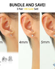Bundle Set of 3! 14k White Gold Classic Solitaire Stud Earrings, Screw Backings (Unisex)