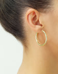 14k Yellow Gold Hand Engraved Round Hoop Earrings, Full Diamond-cut, 3mm Thin