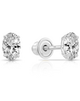 14k Solid Gold Basket Set Oval CZ Stud Earrings, With Screwbacks