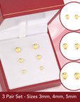 Set of 3! 14k Gold Ball Stud Earrings, Pushback (Unisex)