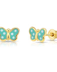 14K Yellow Gold Poke-A-Dot Butterfly Enamel Stud Earrings, With Screw-backs