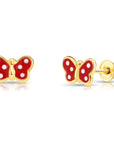 14K Yellow Gold Poke-A-Dot Butterfly Enamel Stud Earrings, With Screw-backs