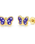 14K Yellow Gold Poke-A-Dot Butterfly Enamel Stud Earrings, With Screw-backs