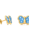 14K Yellow Gold Poke-A-Dot Butterfly Enamel Stud Earrings, With Screw-backs