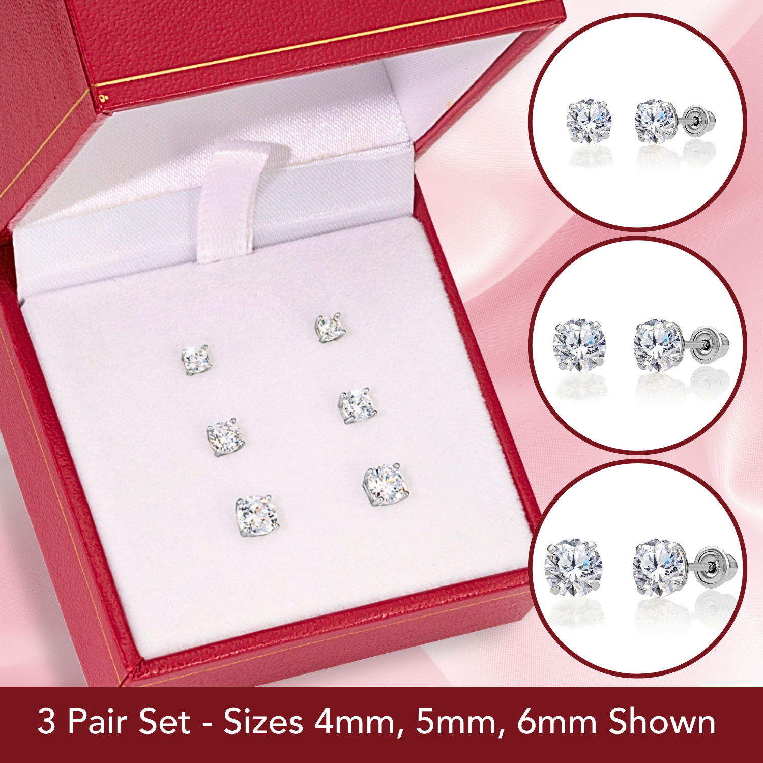 Tilo Jewelry Bundle Set of 3 14K White Gold Classic Solitaire Stud Earrings Screw Backings Unisex 3mm 4mm 5mm