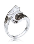 Cocktail Ring With White & Coffee Brown Baguette CZ in Sterling Silver