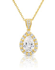 14K Yellow Gold Pear Pendant Necklace, Teardrop Halo CZ Pendant