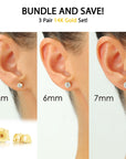 Bundle Set of 3! 14k Yellow Gold Solitaire Stud Earrings, Pushback Sleeper Studs, Unisex