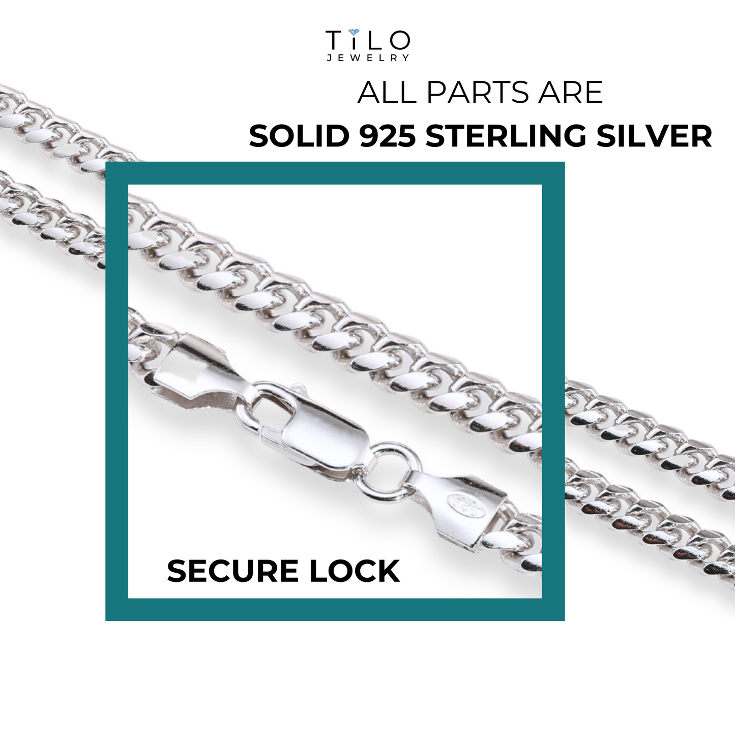 Solid Silver 5mm Cuban Chains, Italian 925 Pure Sterling Silver, Strong Lobster Lock