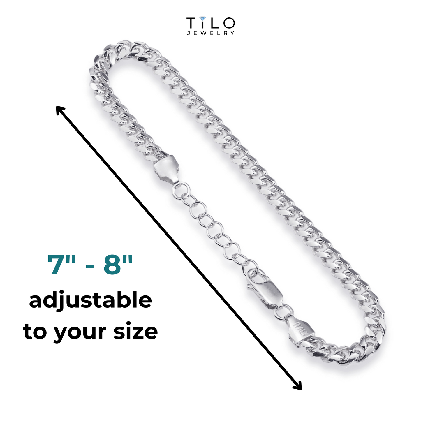 Adjustable Miami Cuban Link Bracelet in Solid Sterling Silver, Bracelet with Adjustable Length 7 to 8 inches, Made In Italy