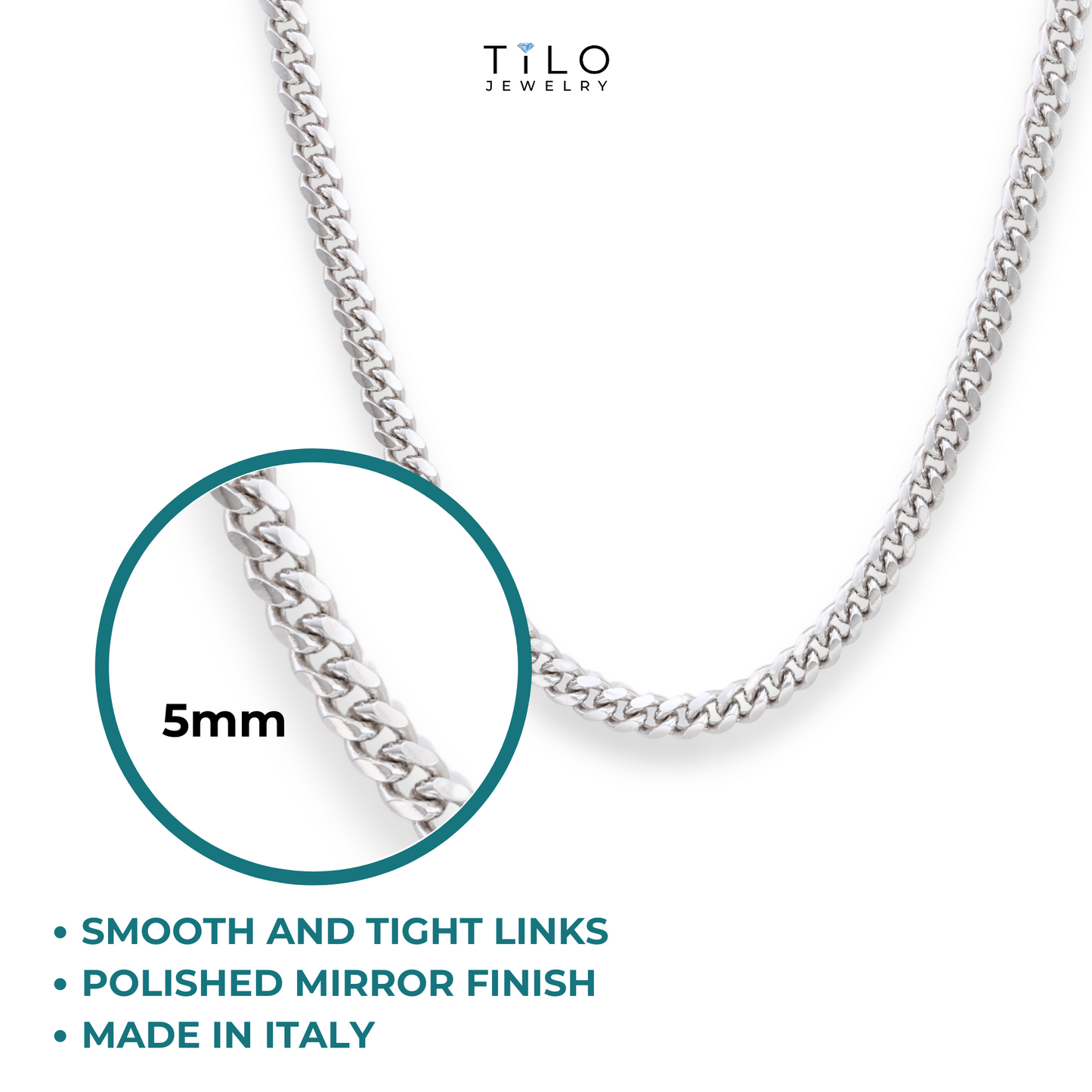 Solid Silver 5mm Cuban Chains, Italian 925 Pure Sterling Silver, Strong Lobster Lock