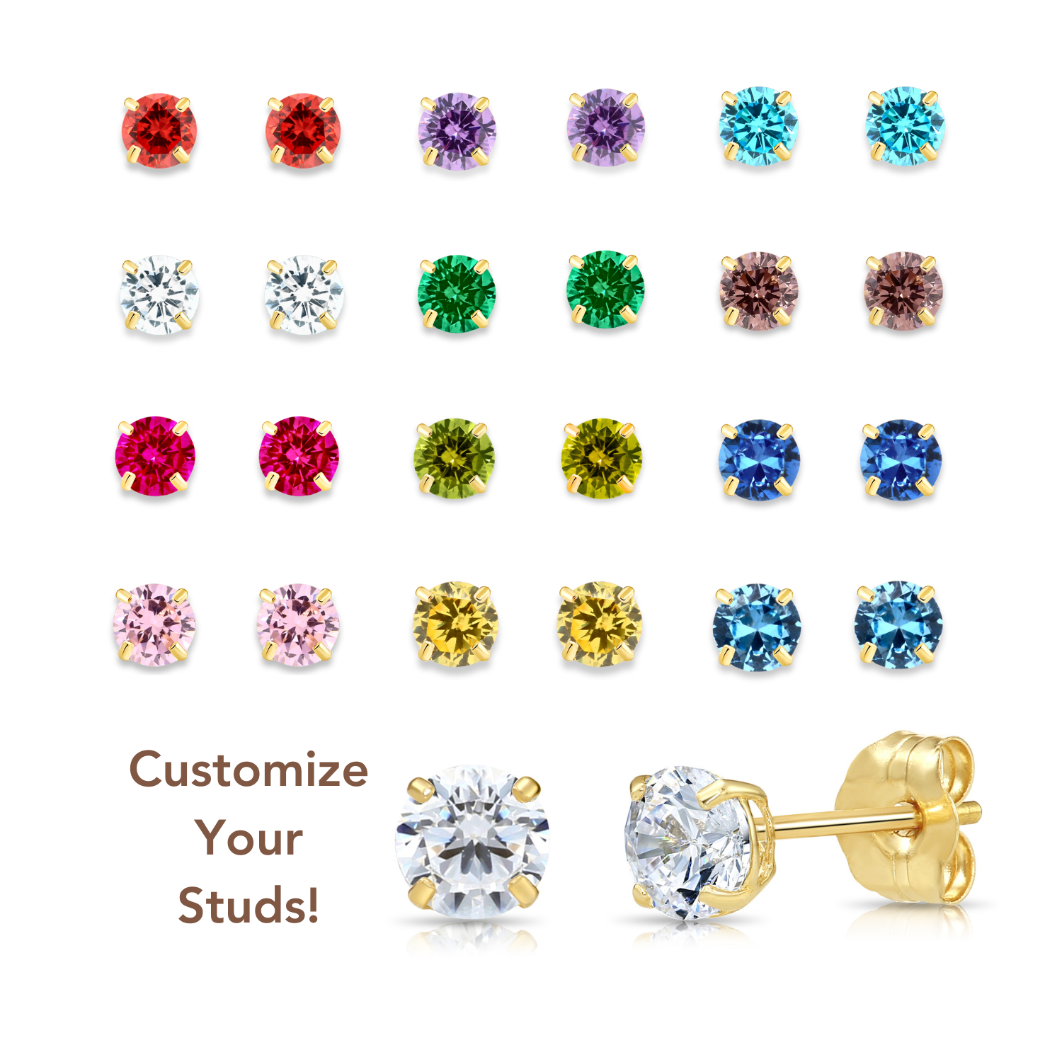 10k Yellow Gold Birthstone Stud Earrings with Pushbacks, 5mm, Available in 13 Colors