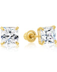 Bundle SET OF 3! 14K Solid Gold Earrings, Square CZ Studs With Screwbacks