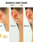 Bundle Set of 3! 14k Yellow Gold Solitaire Stud Earrings, Pushback Sleeper Studs, Unisex