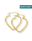 14k Yellow Gold Heart Hoop Earrings, Small Hoops with Engravings, Diamond-Cut Design