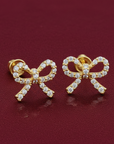 14k Solid Yellow Gold CZ Ribbon Bow Studs, With Screw on Screwbacks