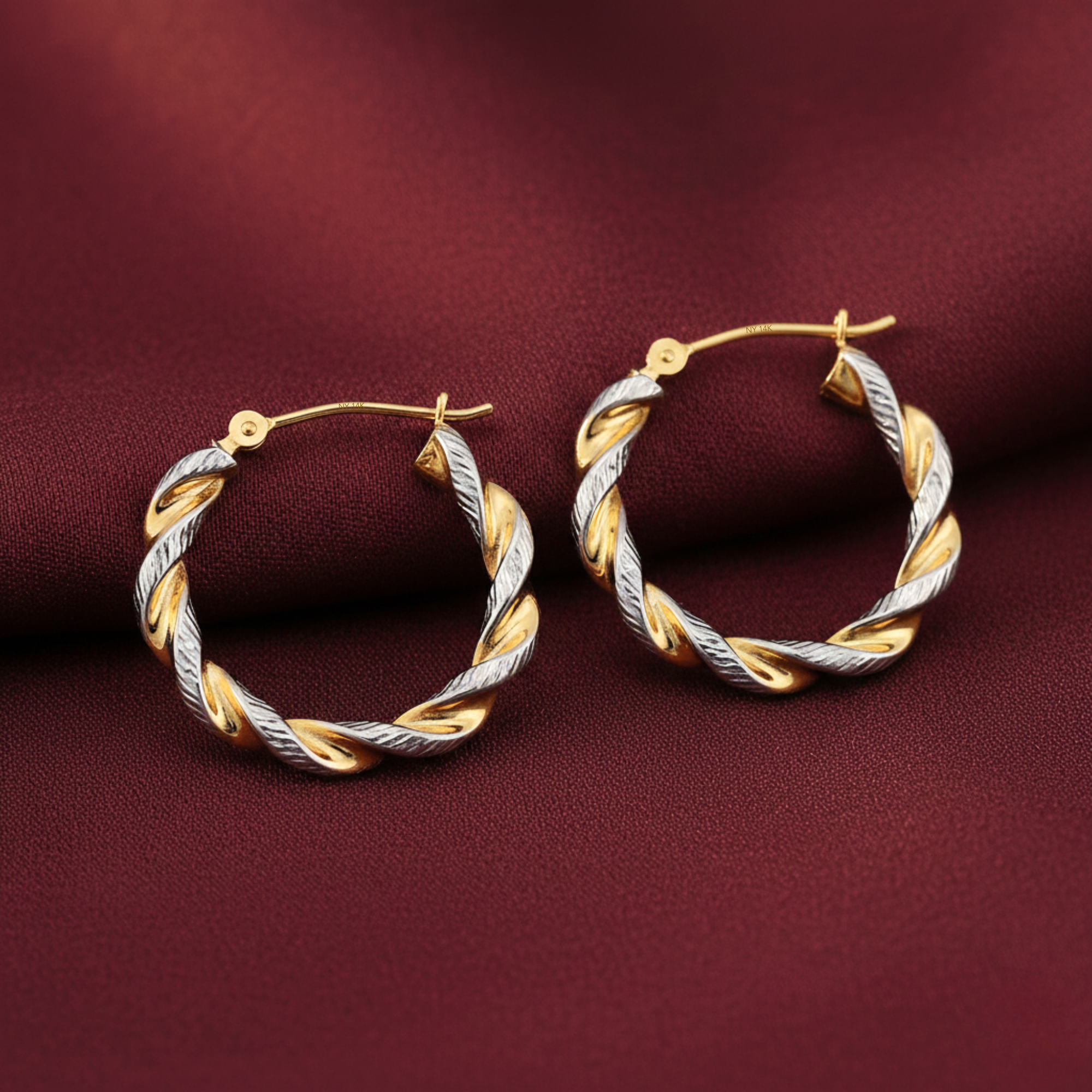 14K Gold Two-Tone Twisted Hoop Earrings With Engraved Diamond-Cuts