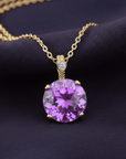 14k Yellow Gold Purple Amethyst Gemstone And Diamond Pendant Necklace