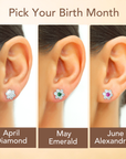 Flower Birthstone Stud Earrings, In 925 Sterling Silver Simulated Birthstone & CZ Studs for Girls, 12 Colors Available