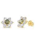 14K Yellow Gold Large Flower Halo CZ Birthstone Stud Earrings, Available in 12 Colors