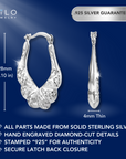 Sterling Silver Diamond-Cut Oval Croissant Hoop Earrings, Hand Engraved Design