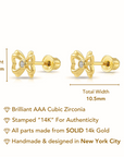 14k Solid Yellow Gold CZ Ribbon Bow Studs, With Screw on Screwbacks