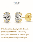 14k Solid Gold Basket Set Oval CZ Stud Earrings, With Pushbacks