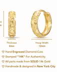 14K Gold Huggie Earrings, Diamond-Cut "Tornado" Engravings, Size 12mm