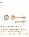 14k Rose Gold Cubic Zirconia Solitaire Stud Earrings, Pushback