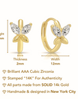 14K Yellow Gold Butterfly Marquise-Cut CZ Huggies Hoop Earrings, 12mm