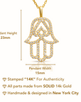 14K Yellow Gold Hamsa Pendant Necklace, With 18" Cable Chain