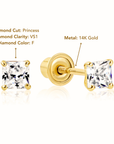 14K Gold Lab Diamond Stud Earrings, CVD Brilliant Princess-Cut Diamond Studs, Classy Square Diamond Studs