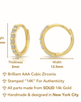 14K Gold Huggie Hoop Earrings, Single Row CZ Hoops, 12.5mm