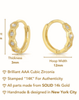 Solid 14K Yellow Gold Hexagon Huggie Hoop Earrings, Single Row CZ Hoops, 12mm