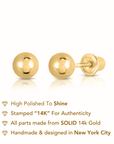 14k Yellow Gold Classic Ball Stud Earrings with Screwbacks (Unisex)