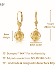 14K Yellow Gold Ball Dangle Earrings, Engraved Star Design