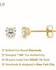 14K Gold Lab Diamond Stud Earrings, CVD Brilliant Solitaire Round Diamond Studs, Pushback