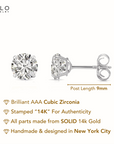14K White Gold Classic Solitaire Stud Earrings, With Secure Push-On/Screw-off Backings