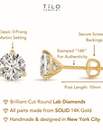 14K Yellow Gold Brilliant-Cut Lab Diamond Studs, Classic Martini 3-Prong Setting, Screwback