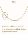 10K Solid Yellow Gold Box Chain Necklace, 1mm Thin